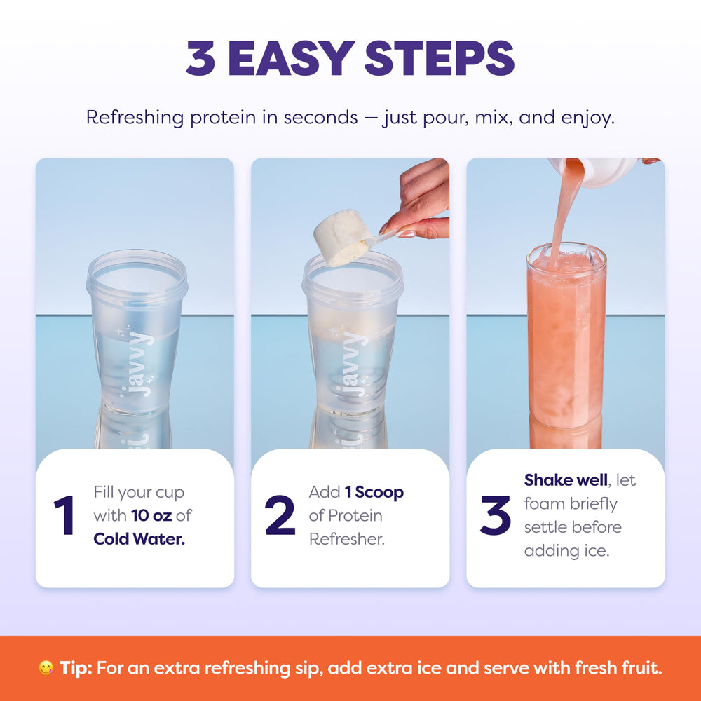 Vaso con Javvy Peach Passion bebida clara que refresca y aporta proteína