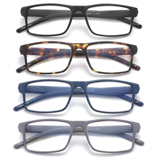 JAWSOCK vista frontal del pack de cuatro gafas con lectura 1.5x y diseño rectangular, ideal para tener repuestos