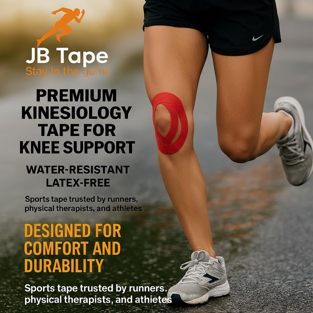 Deportista usando JB Tape en tobillo durante carrera para estabilidad y confort