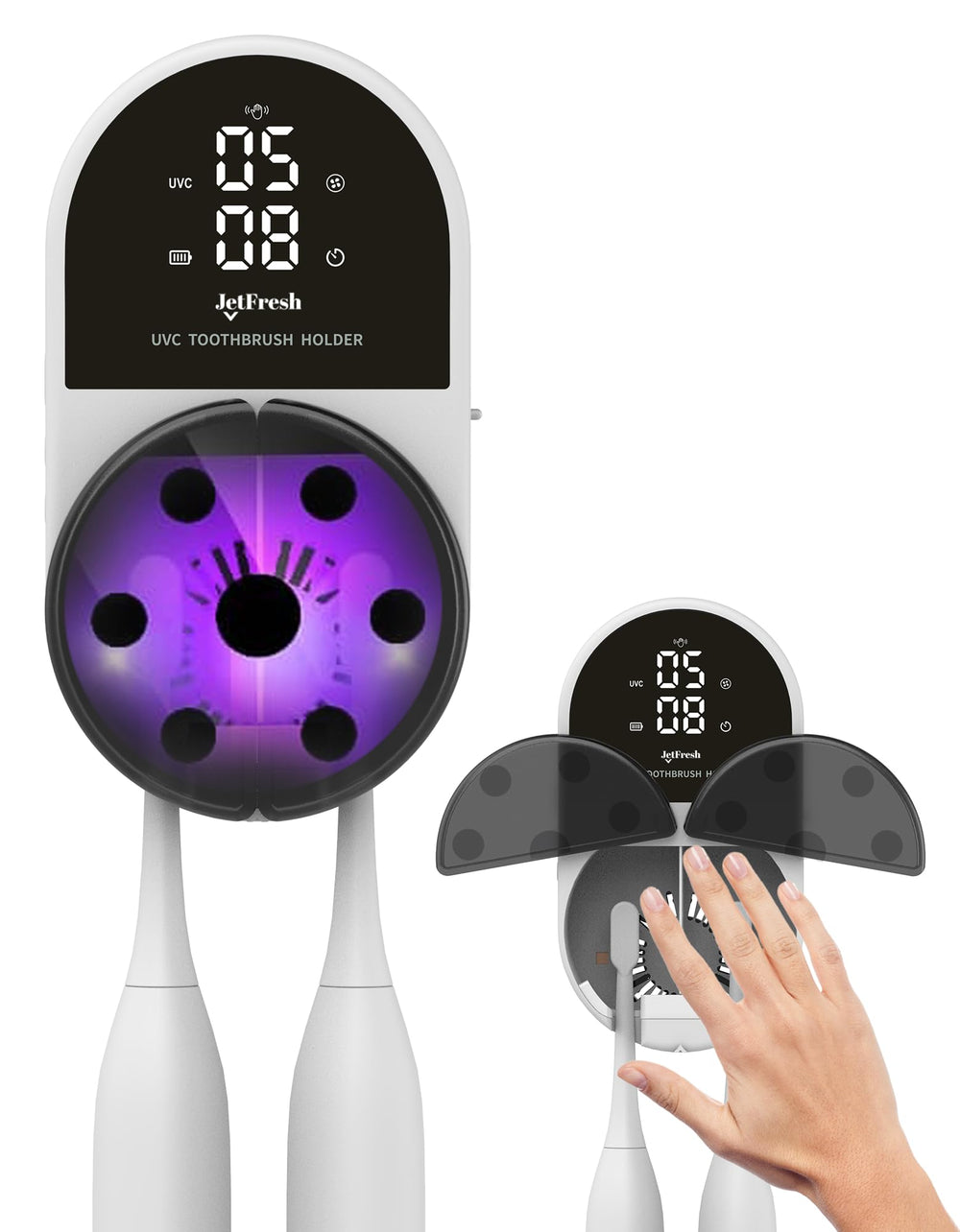JetFresh vista frontal montado en pared mantiene cepillos ordenados y secos