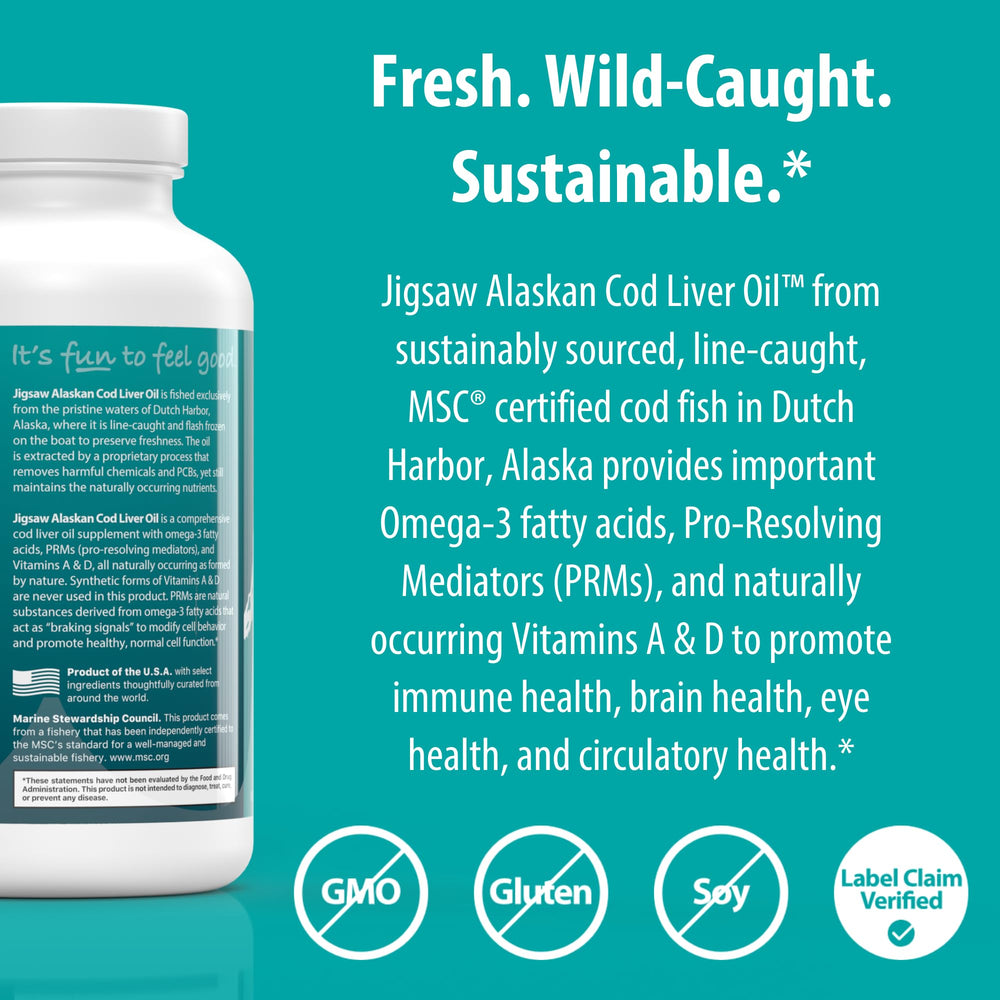 Jigsaw Health botella abierta con softgels para visualizar contenido y cantidad