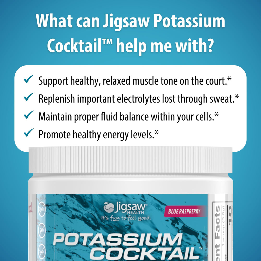 Jigsaw Health cucharada con polvo listando la porción de 800 mg de potasio