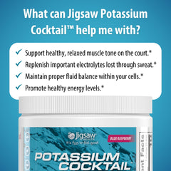 Jigsaw Health cucharada con polvo listando la porción de 800 mg de potasio