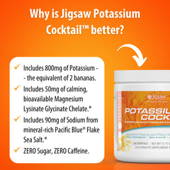 Etiqueta nutricional Jigsaw Health Potassium Cocktail mostrando ingredientes y cantidad por servicio