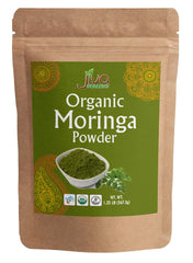 Jiva Organics vista frontal del empaque resellable, fácil conservación