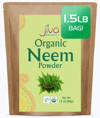 Jiva Organics bolsa de neem orgánico vista frontal con etiqueta informativa