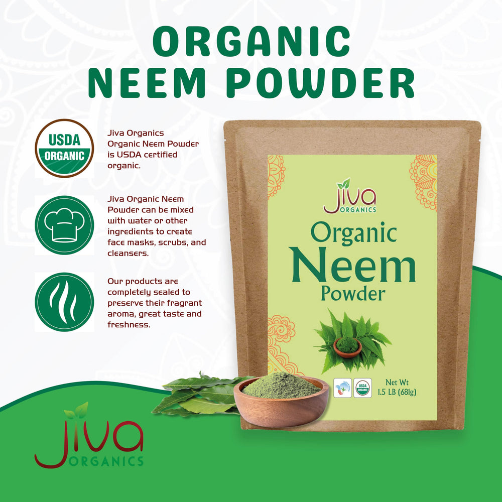 Jiva Organics polvo de neem textura fina en primer plano para mezclas
