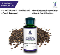 JL HERBAL botella de Bakuchi 100ml junto a elementos para escala tamaño claro