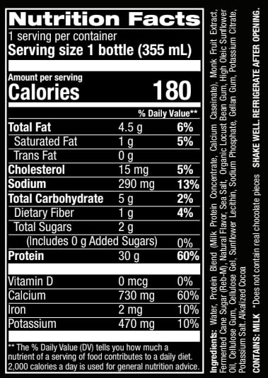 Jocko Fuel Mölk detalle de la etiqueta nutricional, información de 30 g proteína