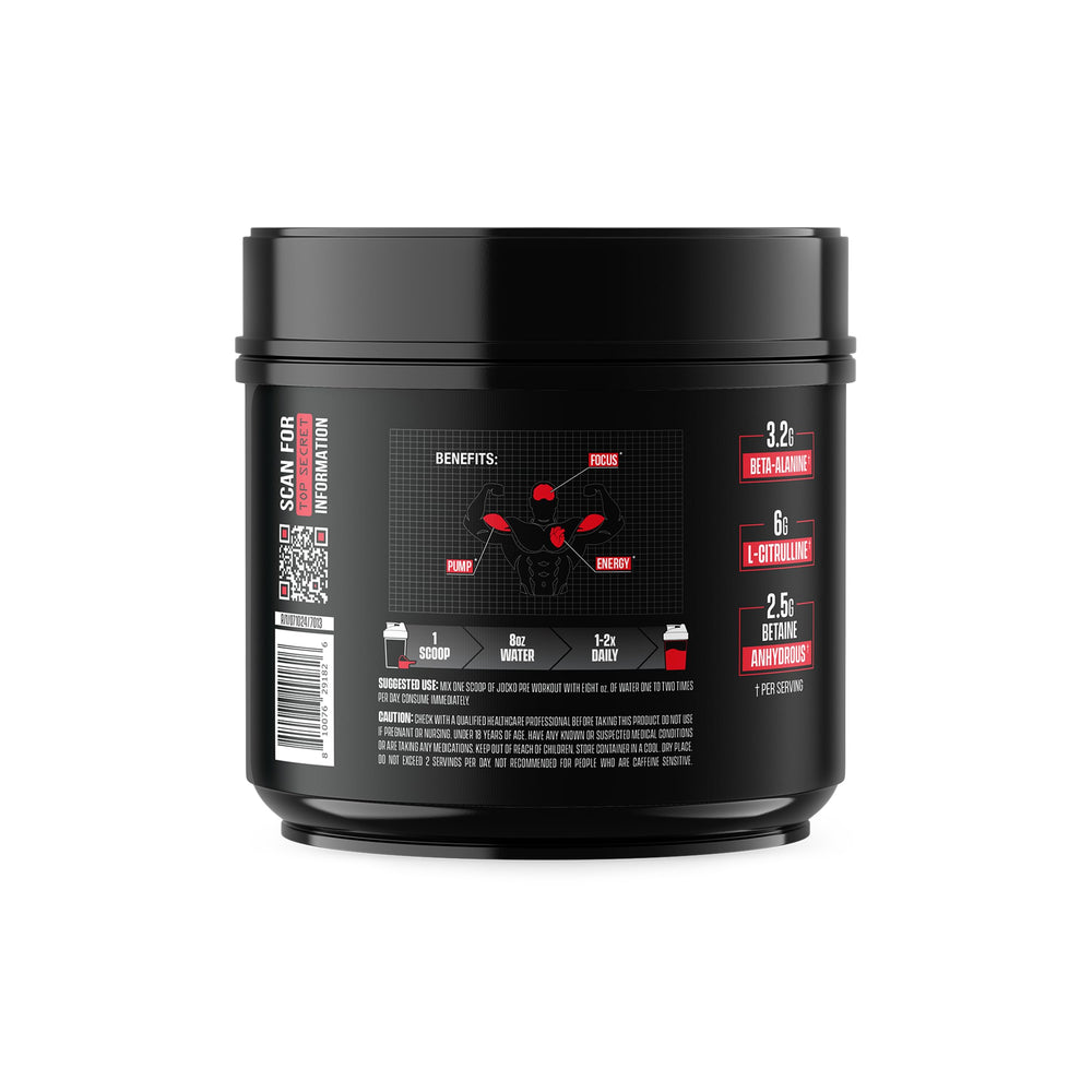 Jocko Fuel etiqueta mostrando 200 mg cafeína y 30 porciones por envase