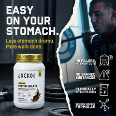 Vaso con batido de chocolate Jocko Fuel mostrando textura cremosa y sabor