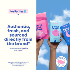 Primer plano de sello 'sin azúcar' en envase JoySpring, beneficio: apto para dietas sin azúcares