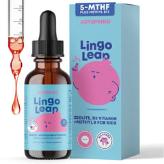 JoySpring LingoLeap vista frontal del frasco con etiqueta clara y sabor uva