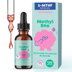 JoySpring botella frontal mostrando etiqueta y beneficio de folato activo