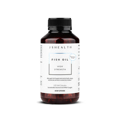 JSHealth frasco de aceite de pescado omega-3, enfoque botella, apoyo a la salud general.