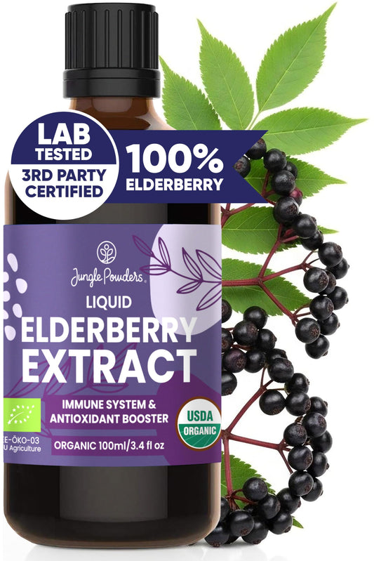 Jungle Powders sirope organico de sauco negro en botella, apoyo natural para el dia a dia
