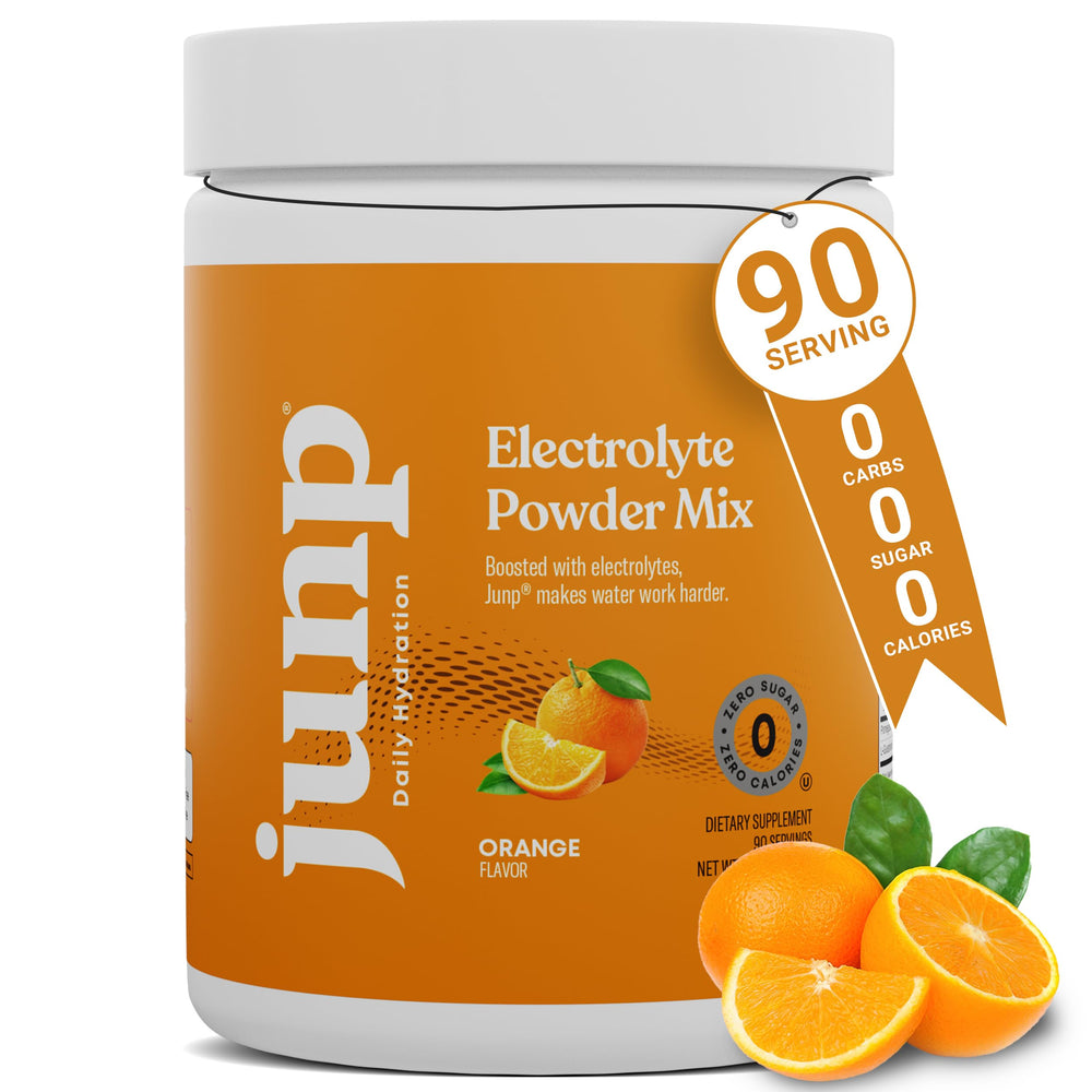 JUNP envase frontal naranja mostrando 90 porciones y beneficio hidratación