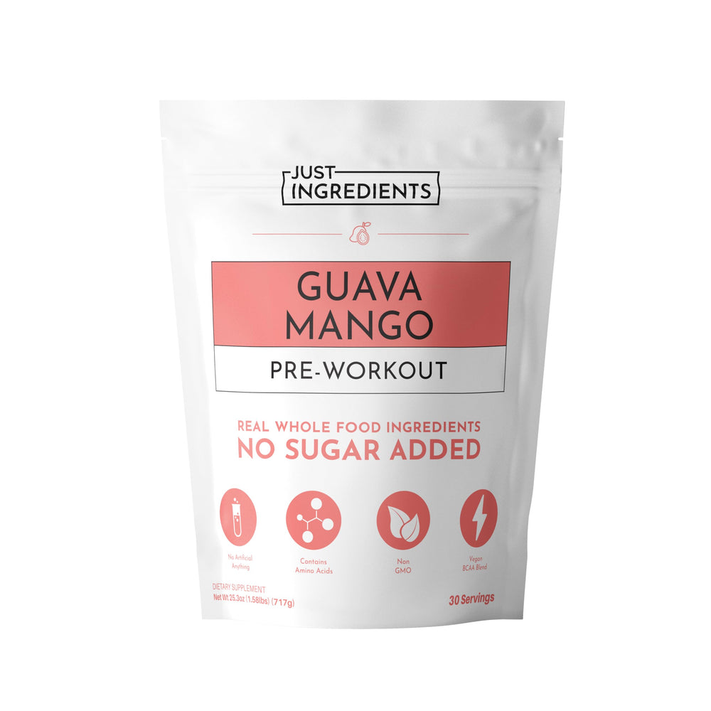 JUST INGREDIENTS frasco delantero con sabor guava mango muestra limpieza