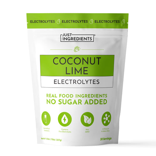 JUST INGREDIENTS envase frontal mostrando sabor coco y lima y beneficios de hidratación