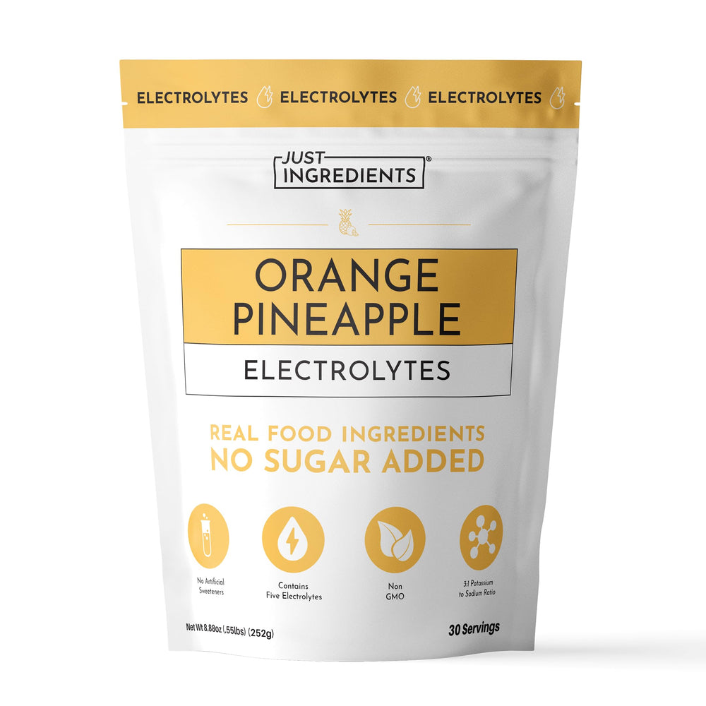 JUST INGREDIENTS empaque frontal mostrando sabor naranja piña y beneficios