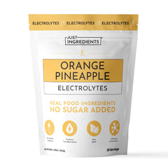 JUST INGREDIENTS empaque frontal mostrando sabor naranja piña y beneficios