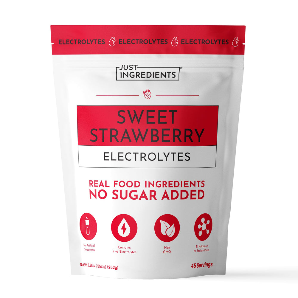 JUST INGREDIENTS bolsa frontal con etiqueta clara y beneficios visibles