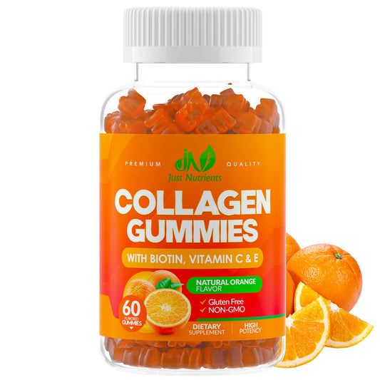 Just Nutrients gominolas de colágeno en botella, apoyo para cabello y uñas.