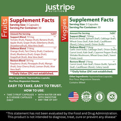 Just Ripe Nutrition detalle de cápsulas verdes y rojas que destacan mezclas de frutas y verduras