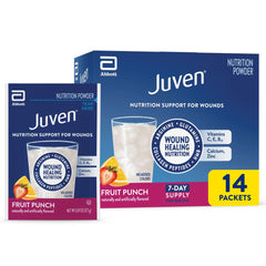 Juven paquete frontal mostrando sabor fruit punch y beneficio nutricional