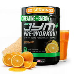 JYM Pre JYM Plus envase frontal naranja mostrando fórmula y beneficios