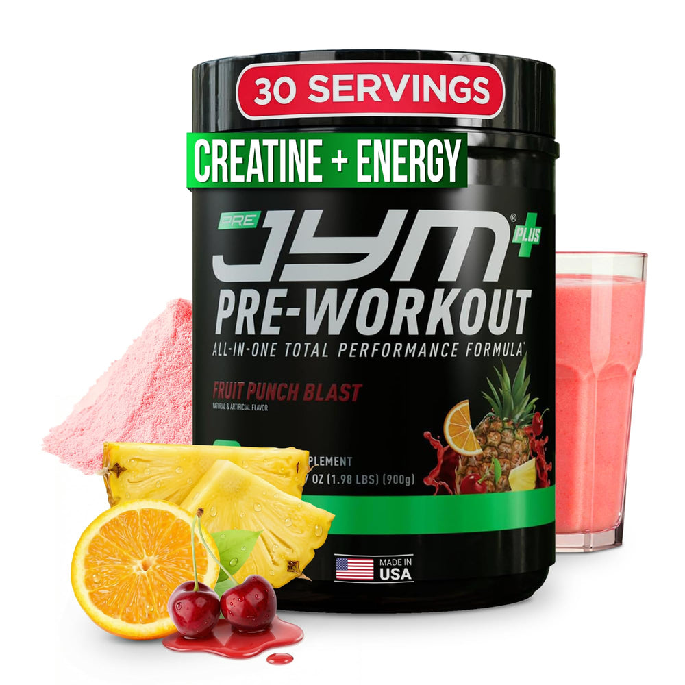 JYM Pre JYM Plus frontal del envase mostrando etiqueta y beneficios