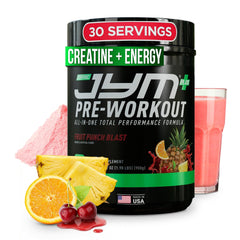 JYM Pre JYM Plus frontal del envase mostrando etiqueta y beneficios