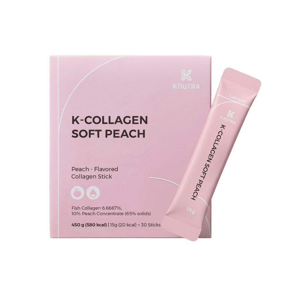 K K·NUTRA empaque frontal K-Collagen durazno mostrando diseño atractivo