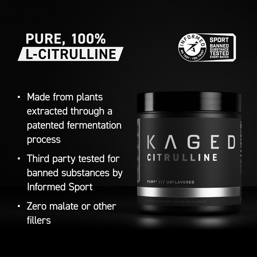 Pouring Kaged L-Citrulline powder into glass hints at pre-workout nitric oxide support.