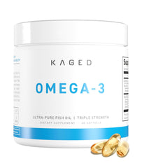 Kaged frasco frontal del suplemento omega 3 mostrando etiqueta y diseño beneficios claros