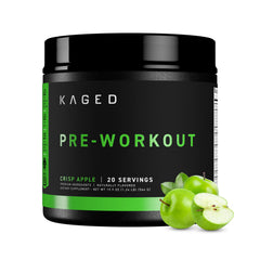 Kaged Pre-Kaged frente del envase mostrando el sabor Krisp Apple y enfoque de beneficio