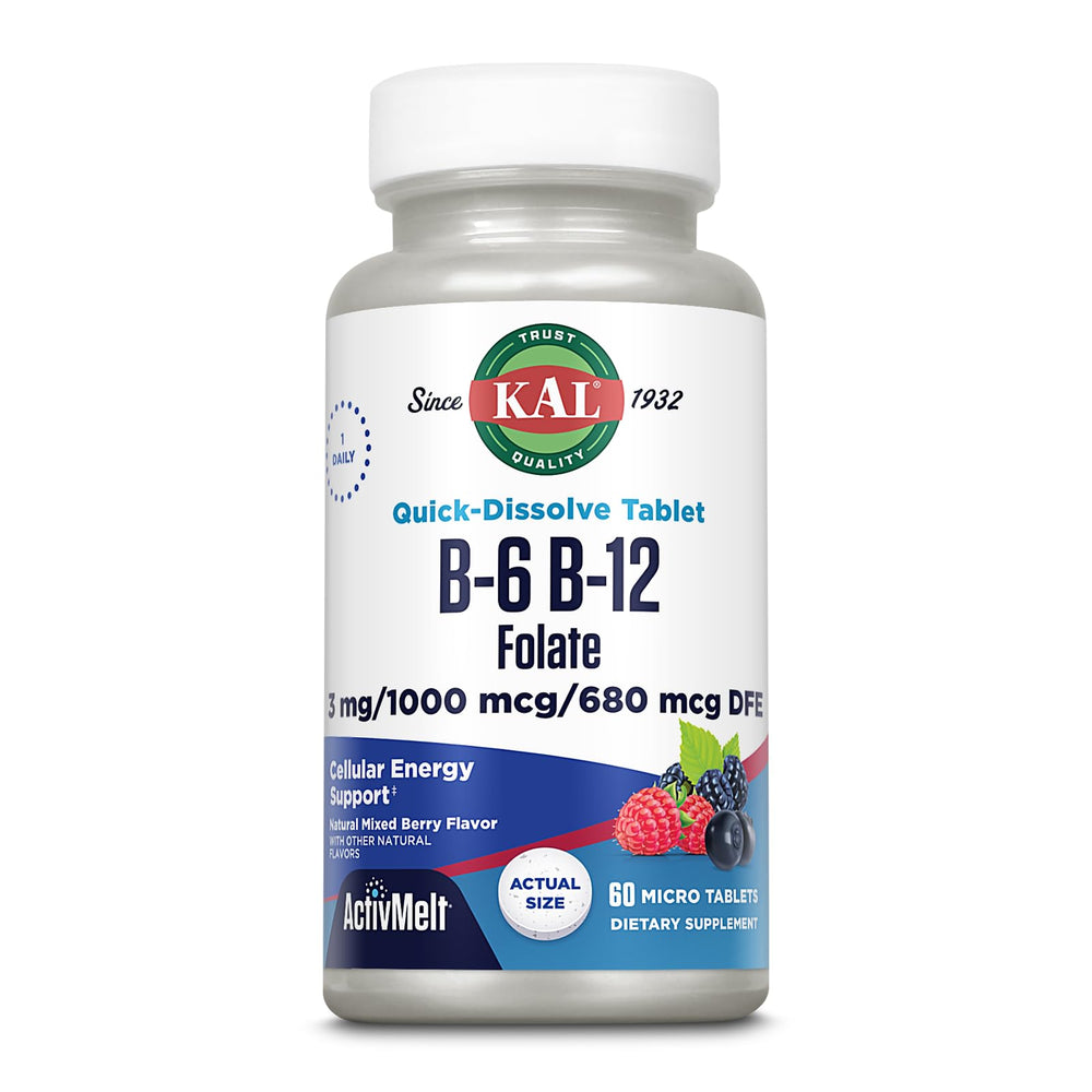 KAL frasco delante ActivMelts con sabor a baya, muestra 60 servicios y envase atractivo