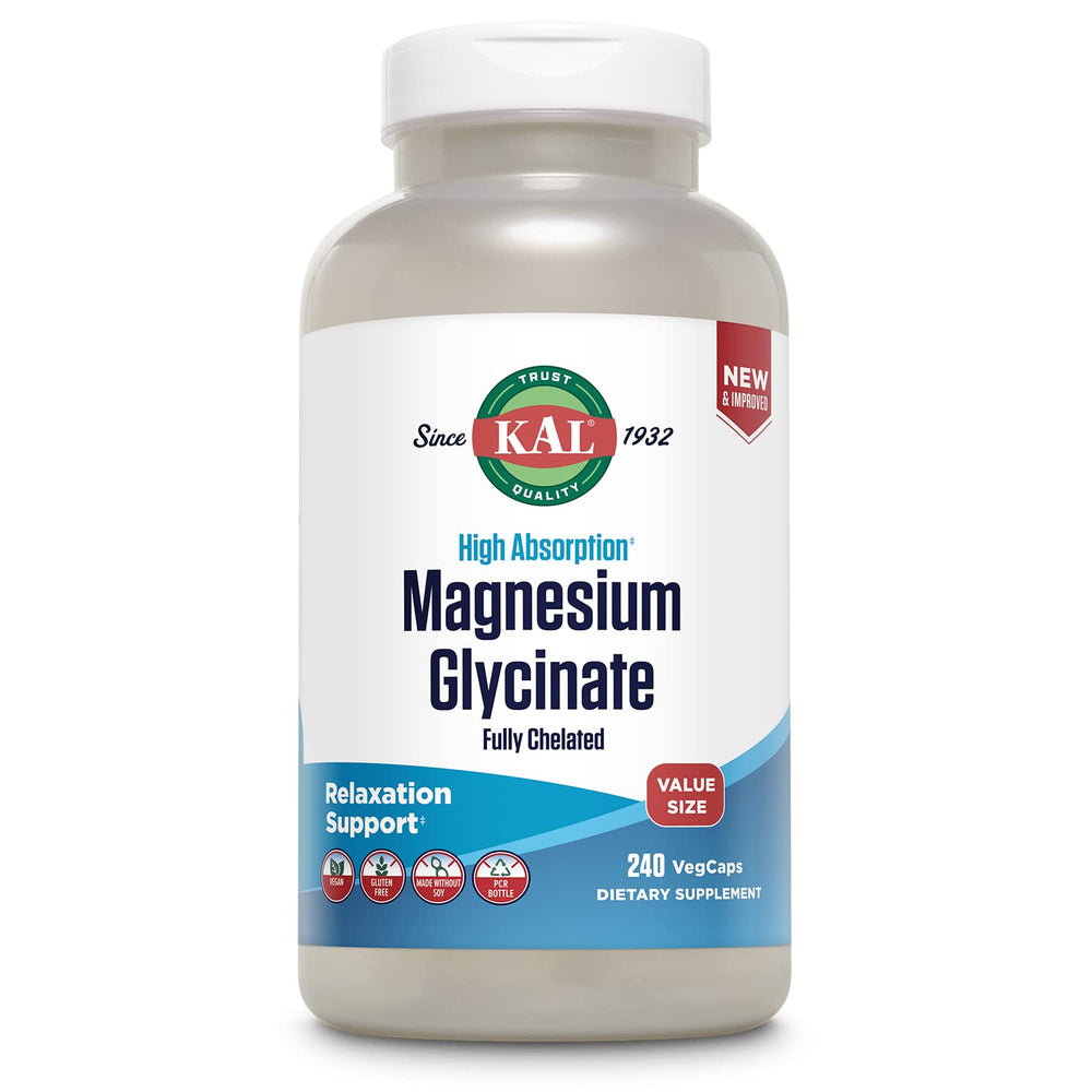 KAL envase frontal del Magnesium Glycinate mostrando marca y beneficio de alta absorción