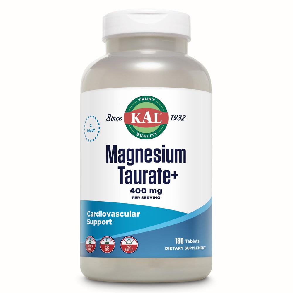 KAL envase frontal de Magnesium Taurate 180 tabletas mostrando diseño y cantidad