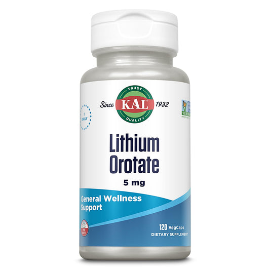 KAL Lithium Orotate 5 mg bottle showing the daily serving size for mood support