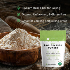 Textura fina del psyllium Kate Naturals en primer plano que muestra su fácil mezcla y absorción