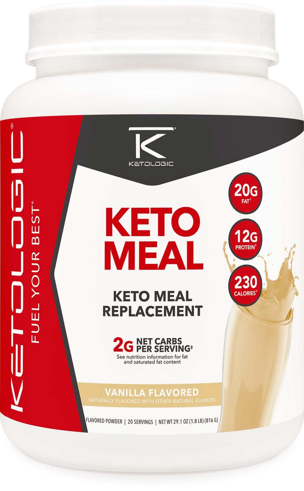 Ketologic envase frontal sabor vainilla mostrando porciones y marca