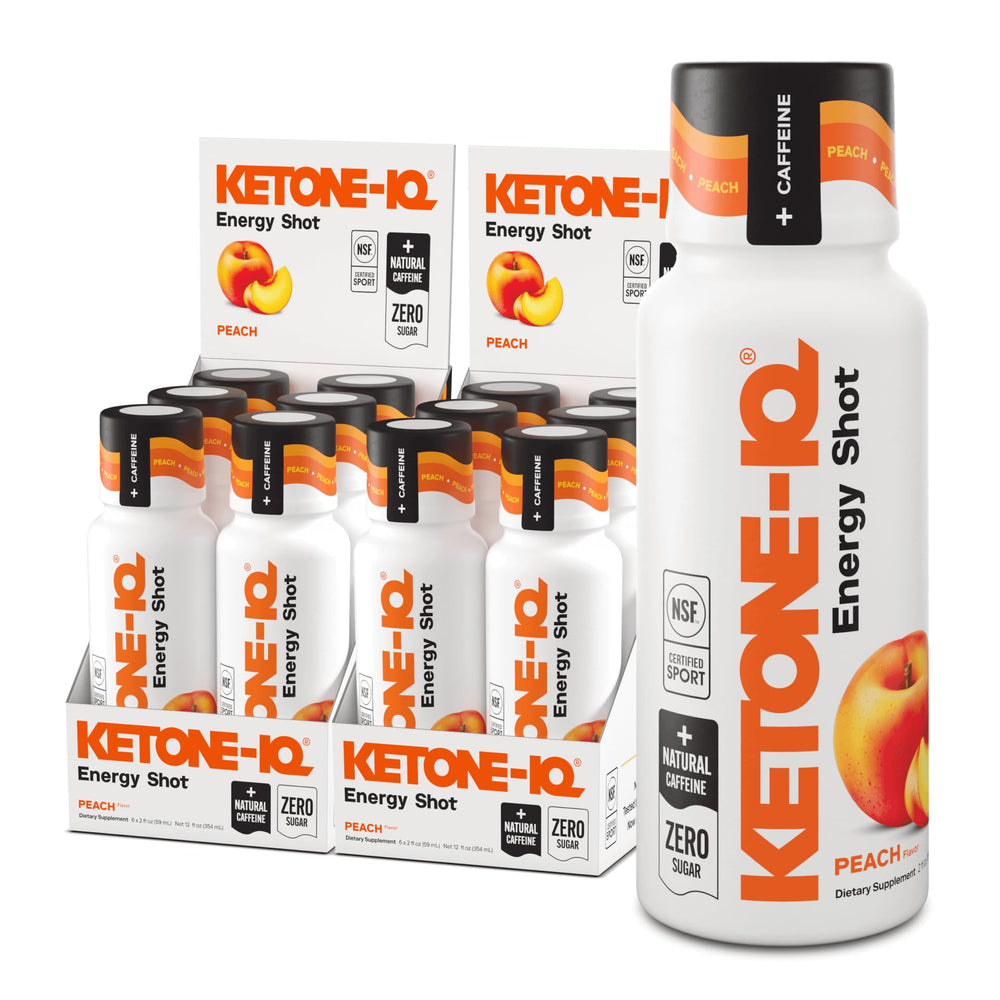 Ketone-IQ frente del empaque mostrando caja y 12 shots para energía portátil