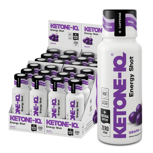 Ketone-IQ frente del empaque mostrando 24 shots y beneficio de energía limpia