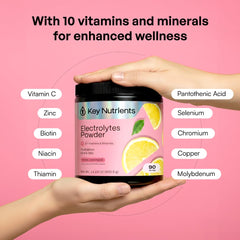 KEY NUTRIENTS vaso con bebida rosa brillante listo para beber