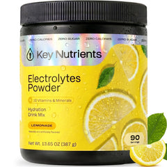 KEY NUTRIENTS envase frontal mostrando 90 servicios y sabor limonada beneficios prácticos
