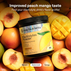 KEY NUTRIENTS vaso con bebida peach mango listo para beber y refrescar después de ejercicio