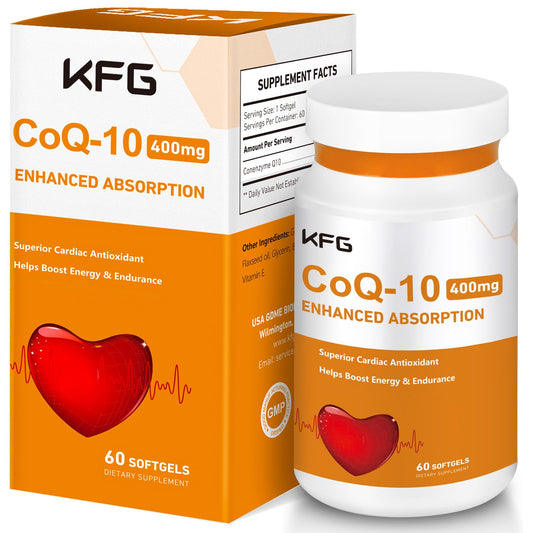KFG CoQ10 400mg cápsulas blandas enfocadas en salud cardiovascular y circulación.