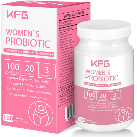 KFG probiótico para mujeres, botella, equilibrio digestivo diario.