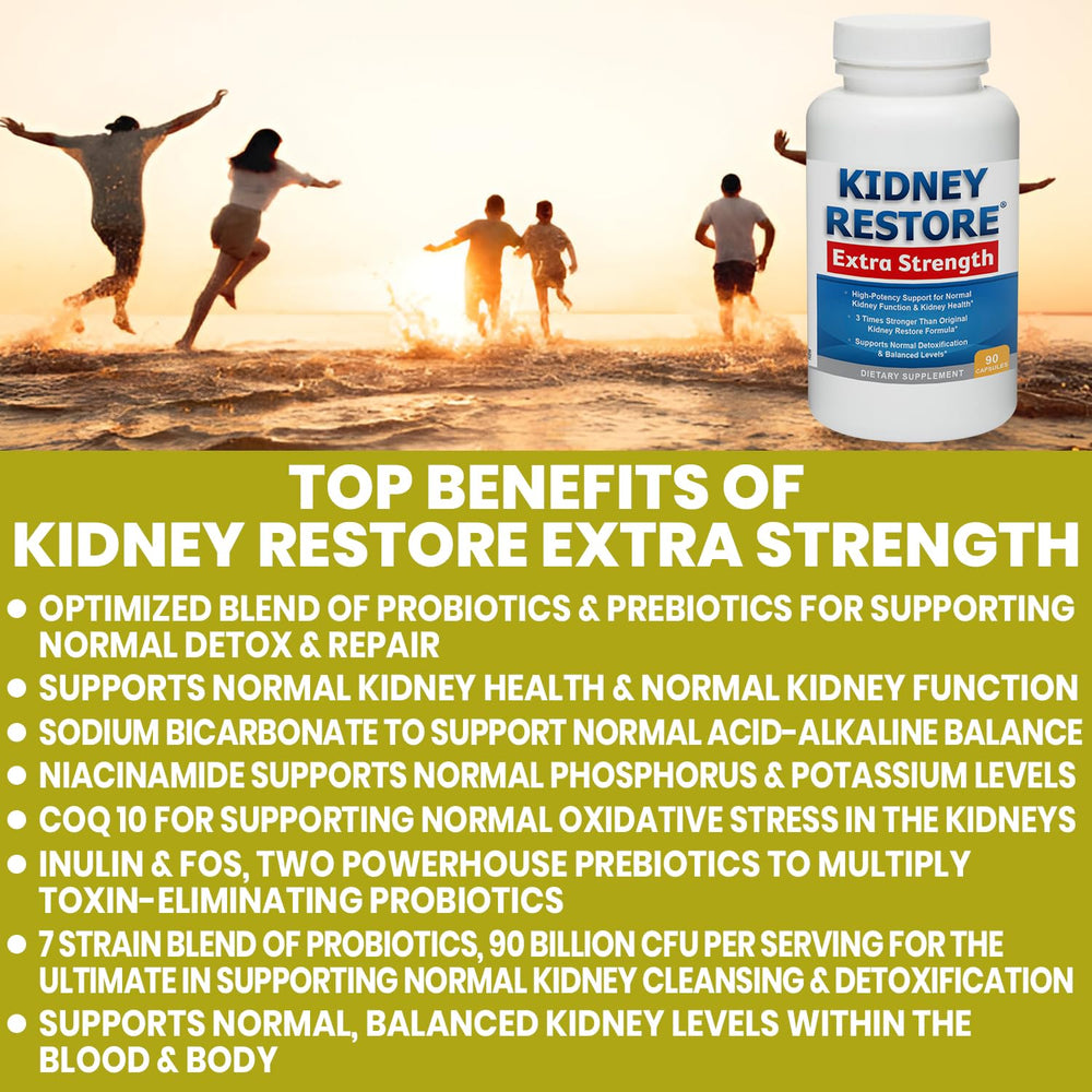 Detalle de ingredientes Kidney Restore enfatizando probióticos y bicarbonato
